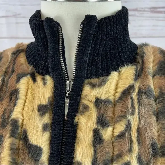 Lisa International faux fur animal print sweater zip front high neck - Picture 2 of 11
